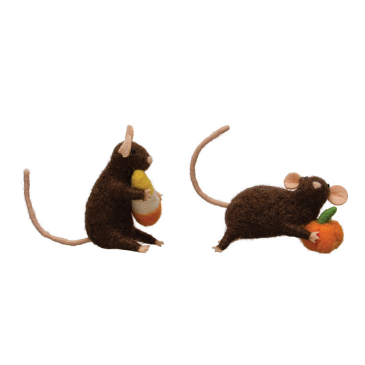 Wool Felt Mouse Holding Candy Corn/Pumpkin, Brown, 2 Styles