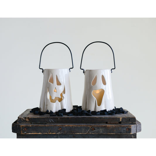Ceramic Ghost Lantern with Metal Handle, 2 Styles