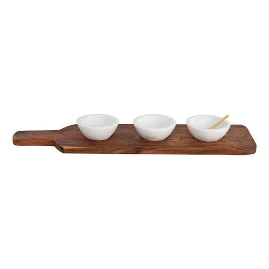 Acacia Wood Tray with Handle, 3 White Marble Bowls and Stainless Steel Spoon