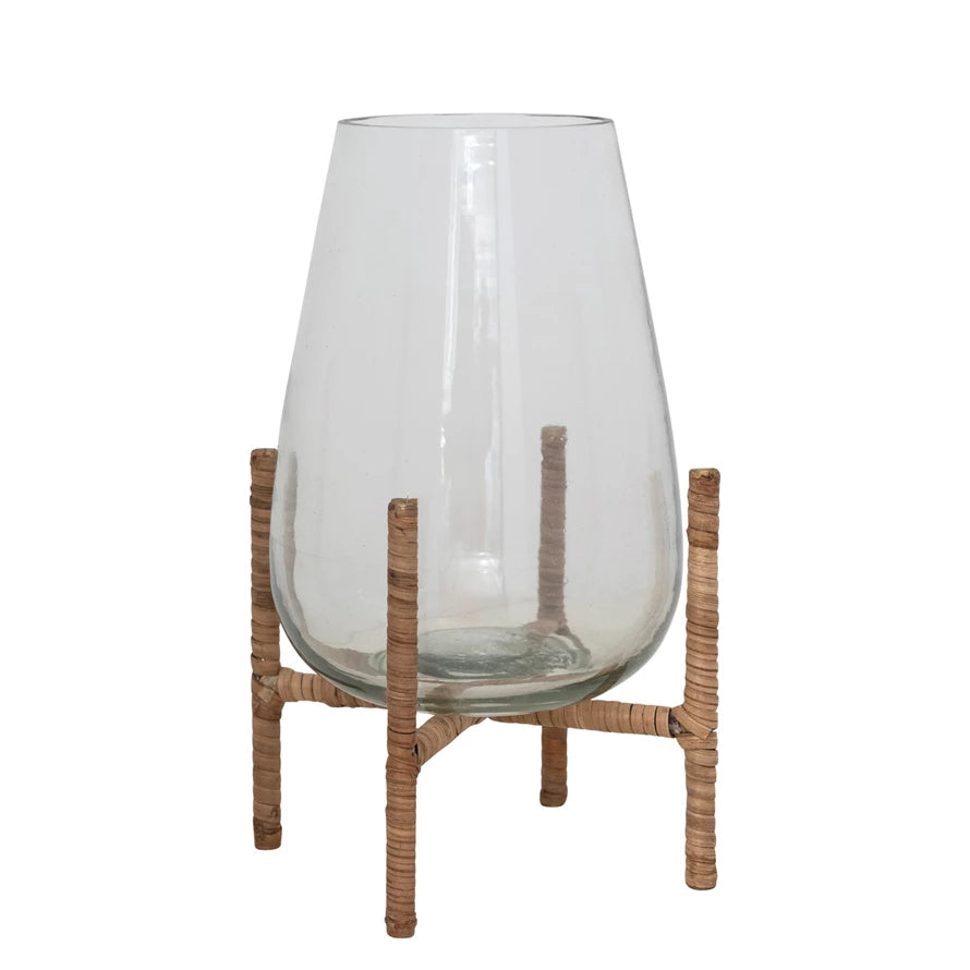 Glass Vase with Rattan Wrapped Metal Stand