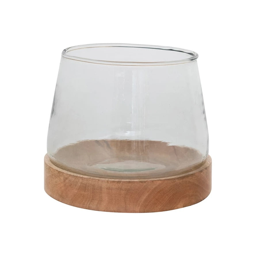 Glass Hurricane/Vase with Mango Wood Base