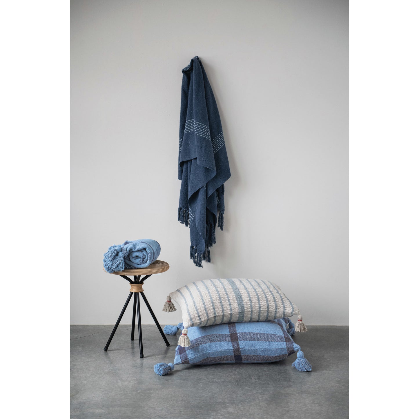 Blue Woven Throw with Stripes and Fringe