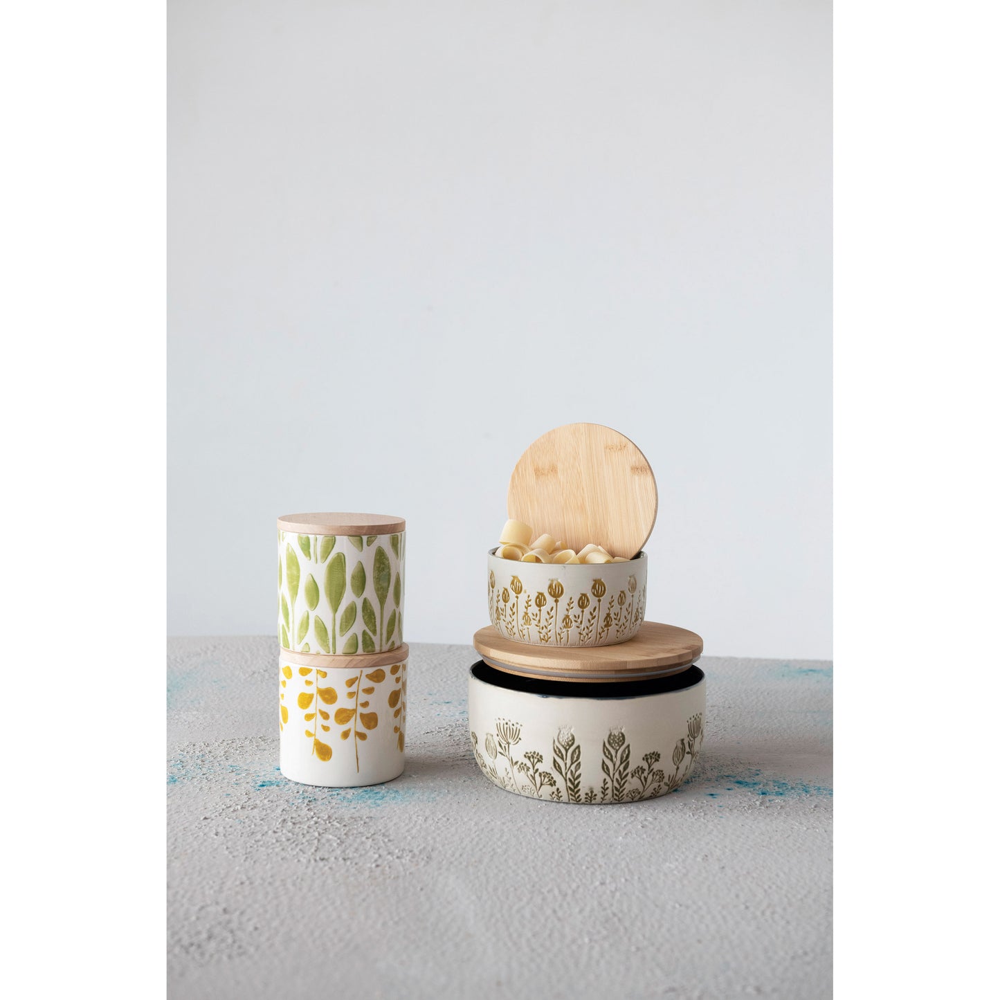 Hand-Stamped Stoneware Jar with Bamboo Lid and Floral Print, 2 Colors