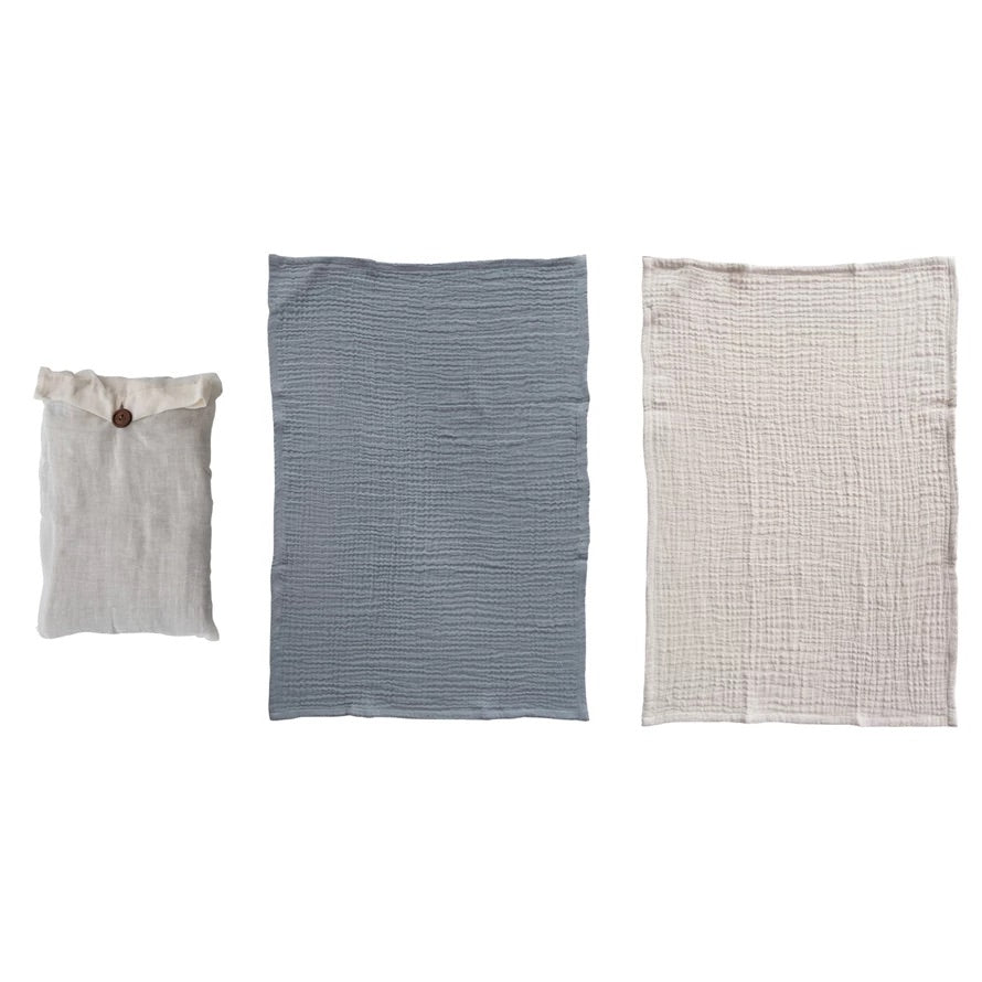 Cotton Double Cloth Tea Towels, Charcoal Color and Blue