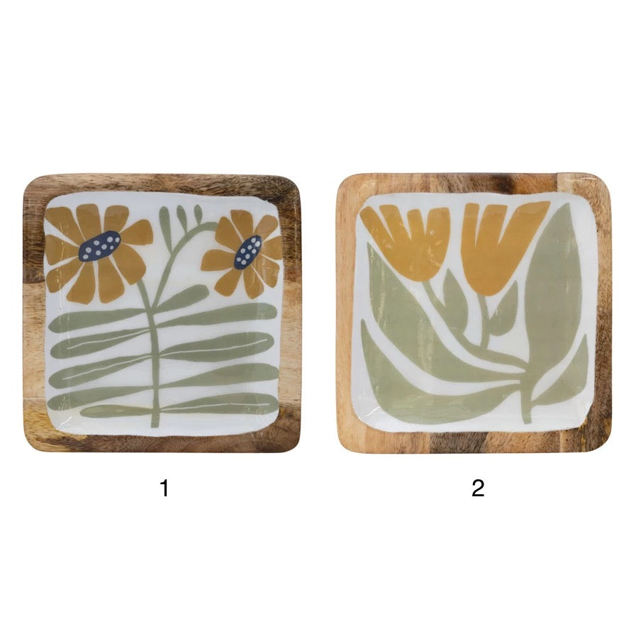 Enameled Mango Wood Plate w/ Flowers, 2 Styles