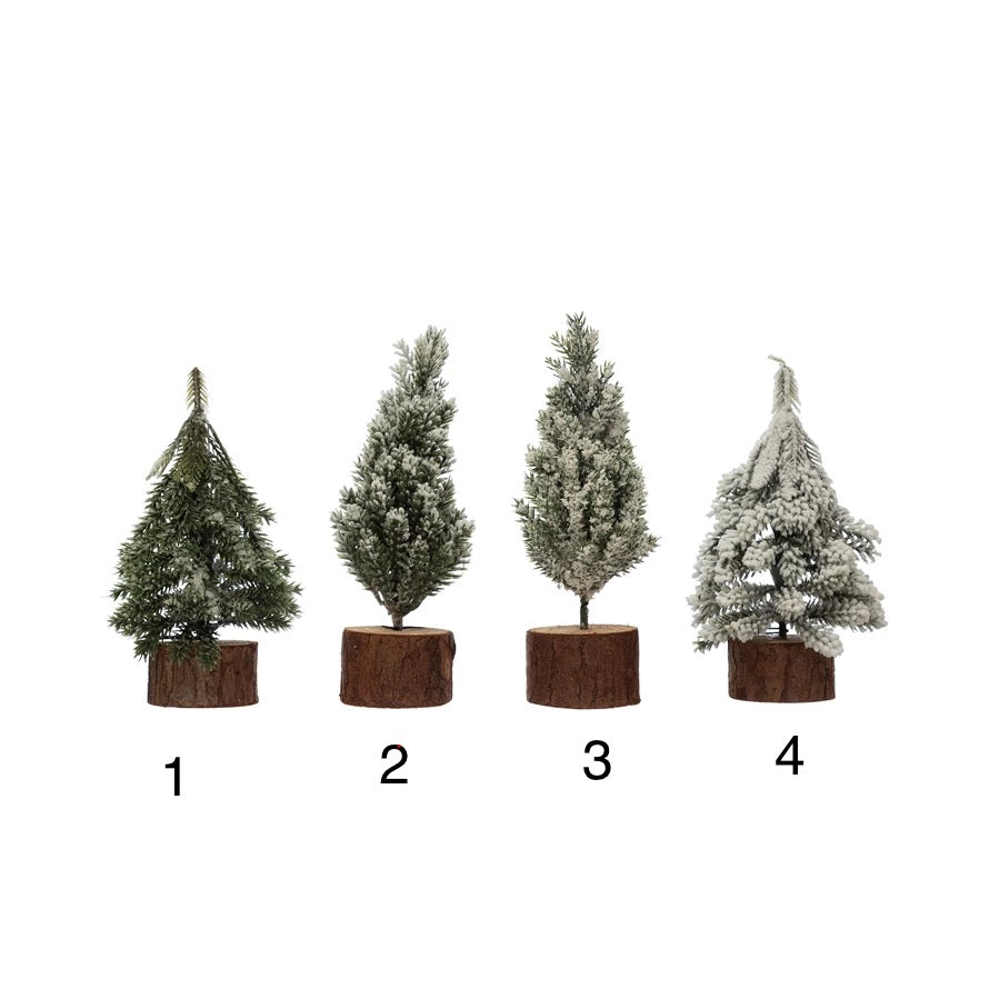 5-3/4"H - 6-3/4"H Faux Pine Tree with Wood Slice Base, Snow Finish, 4 Styles