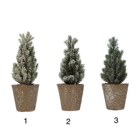 2-3/4" Round x 6-3/4"H Faux Pine Tree in Paper Pot, Ice Finish, 3 Styles